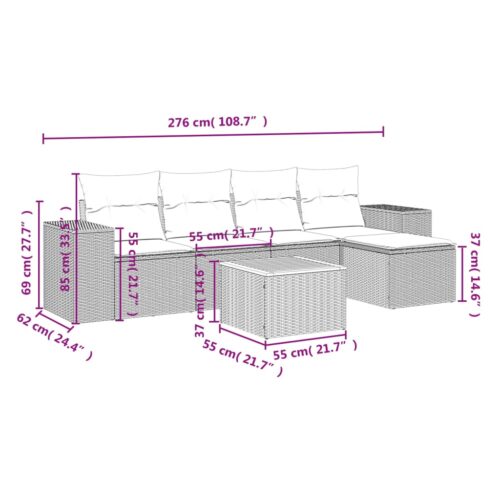 6-Piece Garden Sofa Set with Cushions Grey Poly Rattan Wicker Outdoor Patio Furniture - Image 3