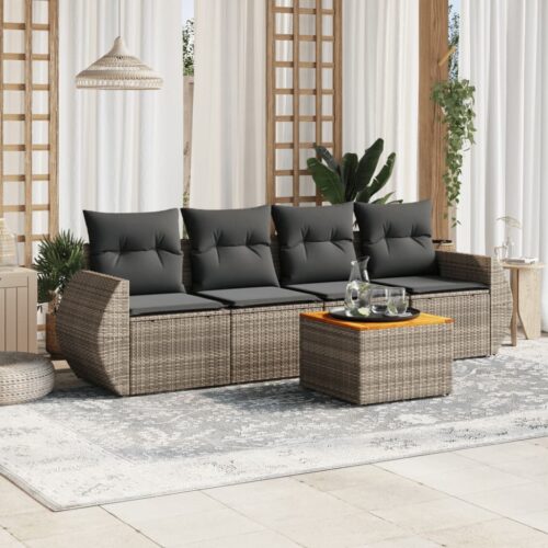 5-Piece Garden Sofa Set with Cushions Grey Poly Rattan Wicker Outdoor Patio Furniture - Image 2