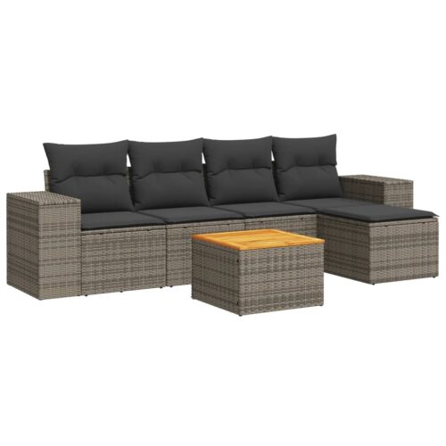 6-Piece Garden Sofa Set with Cushions Grey Poly Rattan Wicker Outdoor Patio Furniture - Image 5