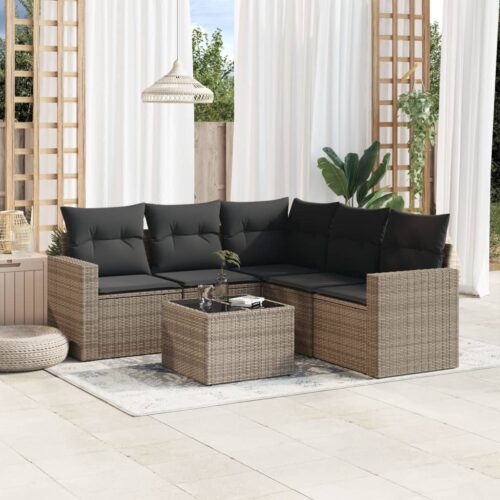 6-Piece Garden Sofa Set with Cushions Grey Poly Rattan Wicker Outdoor Patio Furniture - Image 2
