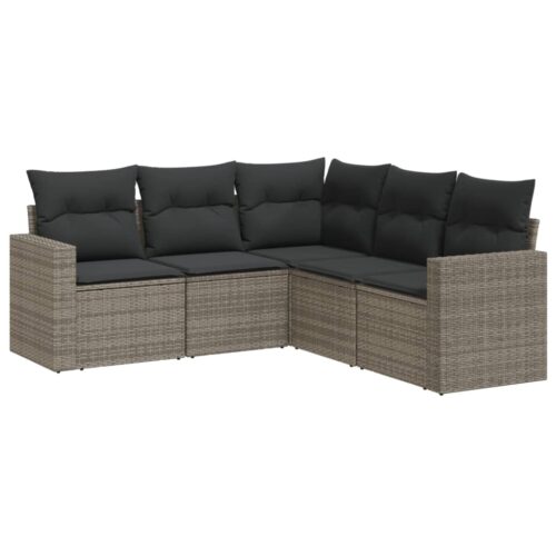 5-Piece Garden Sofa Set with Cushions Grey Poly Rattan Wicker Outdoor Patio Furniture