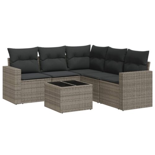6-Piece Garden Sofa Set with Cushions Grey Poly Rattan Wicker Outdoor Patio Furniture - Image 5