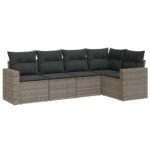 5-Piece Garden Sofa Set with Cushions Grey Poly Rattan Wicker Outdoor Patio Furniture