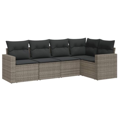 5-Piece Garden Sofa Set with Cushions Grey Poly Rattan Wicker Outdoor Patio Furniture