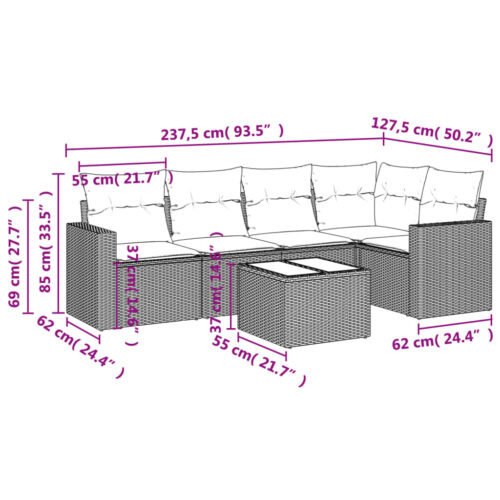 6-Piece Garden Sofa Set with Cushions Grey Poly Rattan Wicker Outdoor Patio Furniture - Image 3
