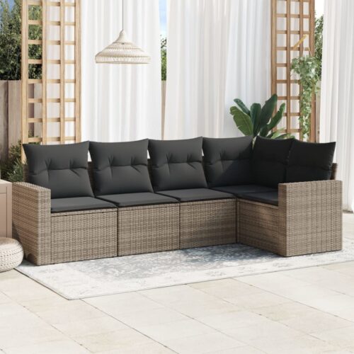 5-Piece Garden Sofa Set with Cushions Grey Poly Rattan Wicker Outdoor Patio Furniture - Image 2