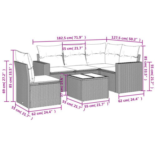 6-Piece Garden Sofa Set with Cushions Grey Poly Rattan Wicker Outdoor Patio Furniture - Image 3