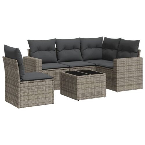 6-Piece Garden Sofa Set with Cushions Grey Poly Rattan Wicker Outdoor Patio Furniture - Image 5