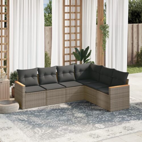 6-Piece Garden Sofa Set with Cushions Grey Poly Rattan Wicker Outdoor Patio Furniture - Image 2
