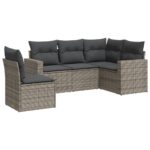 5-Piece Garden Sofa Set with Cushions Grey Poly Rattan Wicker Outdoor Patio Furniture