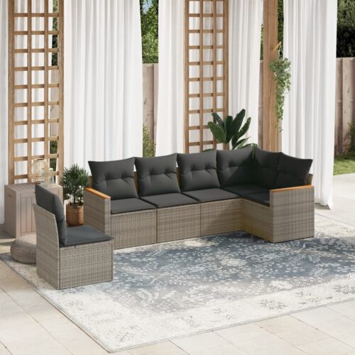 6-Piece Garden Sofa Set with Cushions Grey Poly Rattan Wicker Outdoor Patio Furniture - Image 2