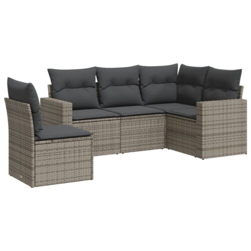 5-Piece Garden Sofa Set with Cushions Grey Poly Rattan Wicker Outdoor Patio Furniture - Image 5