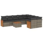 10-Piece Garden Sofa Set with Cushions Grey Poly Rattan Wicker Outdoor Patio Furniture