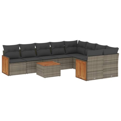 10-Piece Garden Sofa Set with Cushions Grey Poly Rattan Wicker Outdoor Patio Furniture