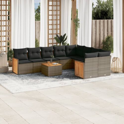 10-Piece Garden Sofa Set with Cushions Grey Poly Rattan Wicker Outdoor Patio Furniture - Image 2