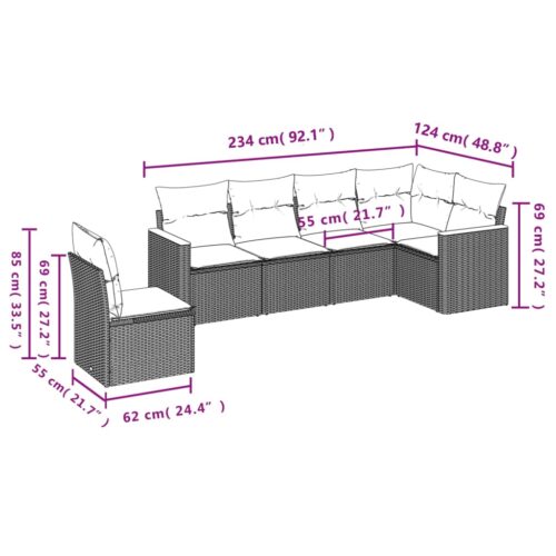 6-Piece Garden Sofa Set with Cushions Grey Poly Rattan Wicker Outdoor Patio Furniture - Image 7