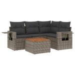 5-Piece Garden Sofa Set with Cushions Grey Poly Rattan Wicker Outdoor Patio Furniture