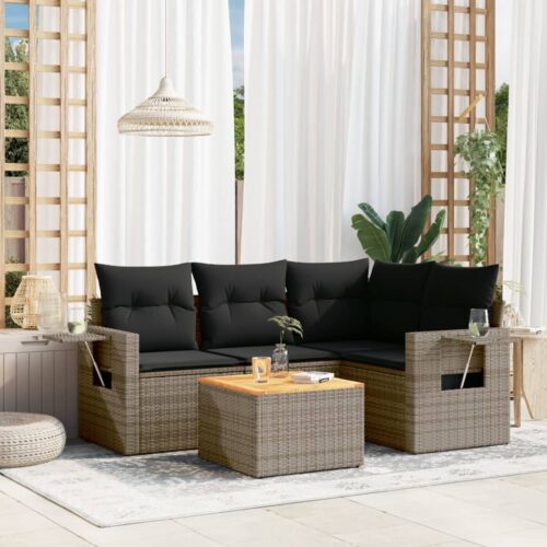 5-Piece Garden Sofa Set with Cushions Grey Poly Rattan Wicker Outdoor Patio Furniture - Image 2
