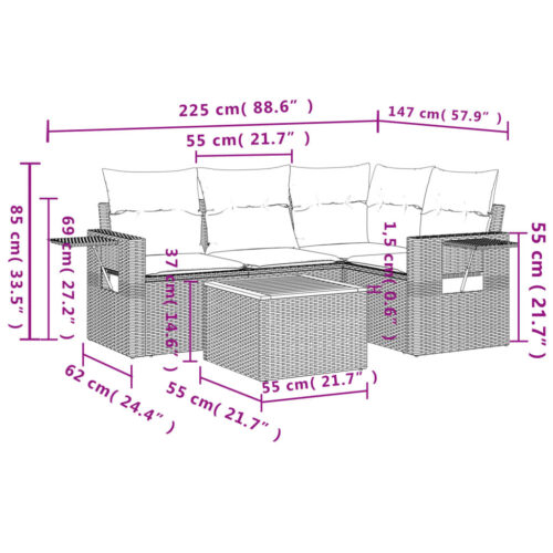 5-Piece Garden Sofa Set with Cushions Grey Poly Rattan Wicker Outdoor Patio Furniture - Image 3