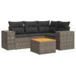 5-Piece Garden Sofa Set with Cushions Grey Poly Rattan Wicker Outdoor Patio Furniture
