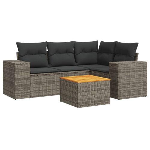 5-Piece Garden Sofa Set with Cushions Grey Poly Rattan Wicker Outdoor Patio Furniture