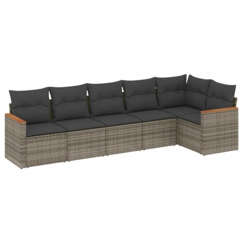 6-Piece Garden Sofa Set with Cushions Grey Poly Rattan Wicker Outdoor Patio Furniture