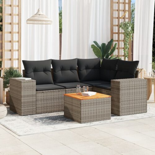 5-Piece Garden Sofa Set with Cushions Grey Poly Rattan Wicker Outdoor Patio Furniture - Image 2