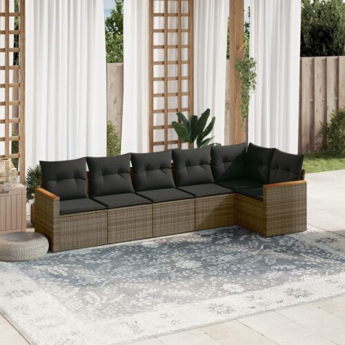 6-Piece Garden Sofa Set with Cushions Grey Poly Rattan Wicker Outdoor Patio Furniture - Image 2