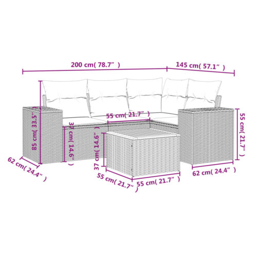 5-Piece Garden Sofa Set with Cushions Grey Poly Rattan Wicker Outdoor Patio Furniture - Image 3