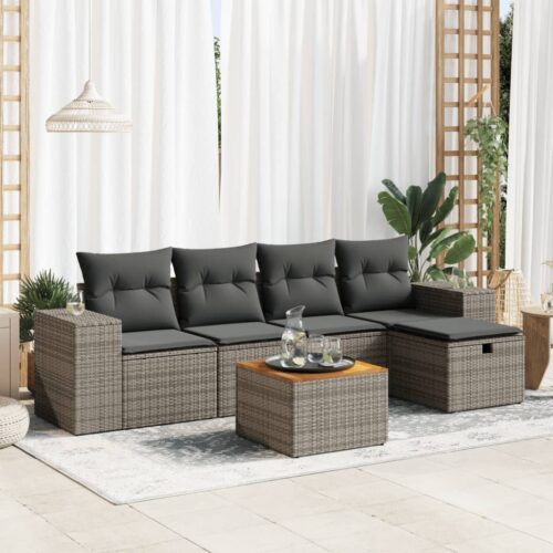 6-Piece Garden Sofa Set with Cushions Grey Poly Rattan Wicker Outdoor Patio Furniture - Image 2