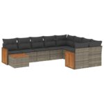 10-Piece Garden Sofa Set with Cushions Grey Poly Rattan Wicker Outdoor Patio Furniture