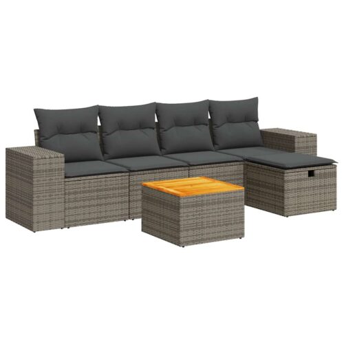 6-Piece Garden Sofa Set with Cushions Grey Poly Rattan Wicker Outdoor Patio Furniture - Image 13