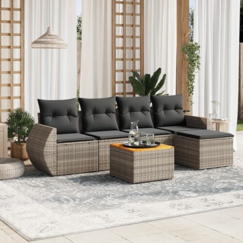 6-Piece Garden Sofa Set with Cushions Grey Poly Rattan Wicker Outdoor Patio Furniture - Image 2