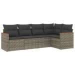 5-Piece Garden Sofa Set with Cushions Grey Poly Rattan Wicker Outdoor Patio Furniture