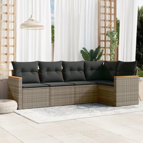 5-Piece Garden Sofa Set with Cushions Grey Poly Rattan Wicker Outdoor Patio Furniture - Image 2