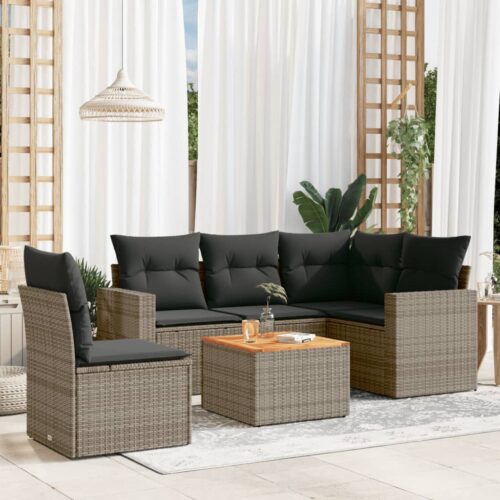 6-Piece Garden Sofa Set with Cushions Grey Poly Rattan Wicker Outdoor Patio Furniture - Image 2