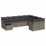 10-Piece Garden Sofa Set with Cushions Grey Poly Rattan Wicker Outdoor Patio Furniture