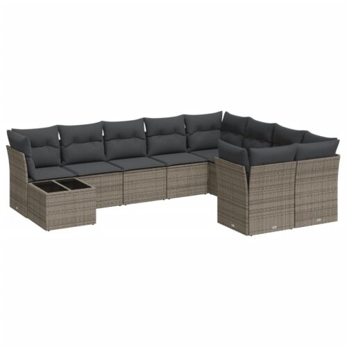 10-Piece Garden Sofa Set with Cushions Grey Poly Rattan Wicker Outdoor Patio Furniture - Image 5