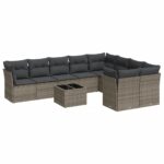 10-Piece Garden Sofa Set with Cushions Grey Poly Rattan Wicker Outdoor Patio Furniture