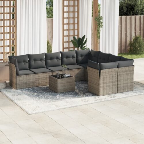 10-Piece Garden Sofa Set with Cushions Grey Poly Rattan Wicker Outdoor Patio Furniture - Image 2