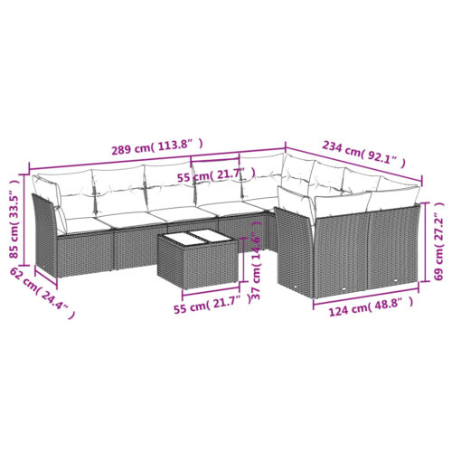 10-Piece Garden Sofa Set with Cushions Grey Poly Rattan Wicker Outdoor Patio Furniture - Image 3