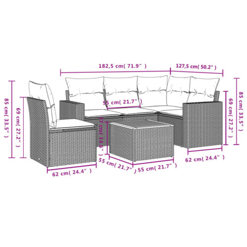 6-Piece Garden Sofa Set with Cushions Grey Poly Rattan Wicker Outdoor Patio Furniture - Image 12