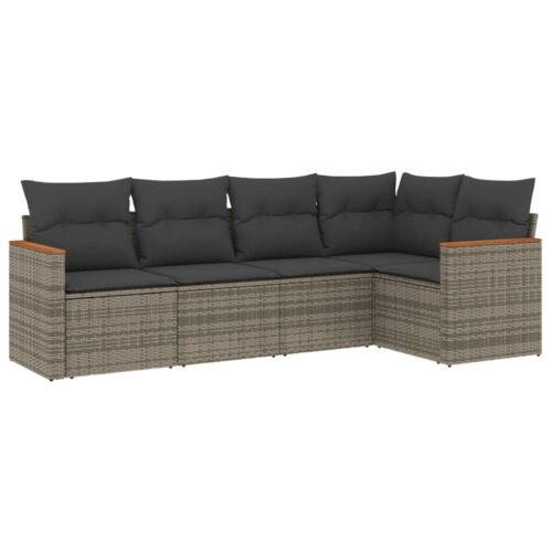 5-Piece Garden Sofa Set with Cushions Grey Poly Rattan Wicker Outdoor Patio Furniture - Image 13