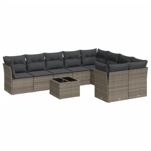 10-Piece Garden Sofa Set with Cushions Grey Poly Rattan Wicker Outdoor Patio Furniture - Image 5