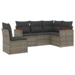 5-Piece Garden Sofa Set with Cushions Grey Poly Rattan Wicker Outdoor Patio Furniture