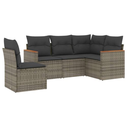 5-Piece Garden Sofa Set with Cushions Grey Poly Rattan Wicker Outdoor Patio Furniture