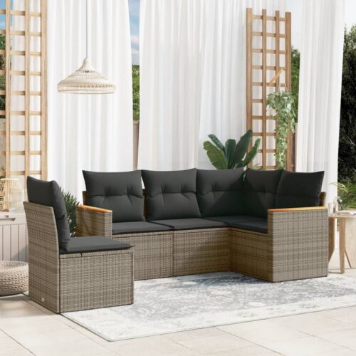 5-Piece Garden Sofa Set with Cushions Grey Poly Rattan Wicker Outdoor Patio Furniture - Image 2