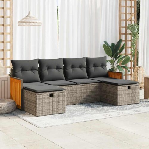6-Piece Garden Sofa Set with Cushions Grey Poly Rattan Wicker Outdoor Patio Furniture - Image 2