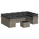 10-Piece Garden Sofa Set with Cushions Grey Poly Rattan Wicker Outdoor Patio Furniture