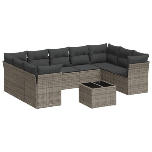 10-Piece Garden Sofa Set with Cushions Grey Poly Rattan Wicker Outdoor Patio Furniture